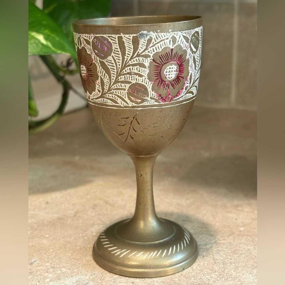 Vintage Brass Tone Goblet Chalice Floral Etched Cup UV Reactive Black Light Glow